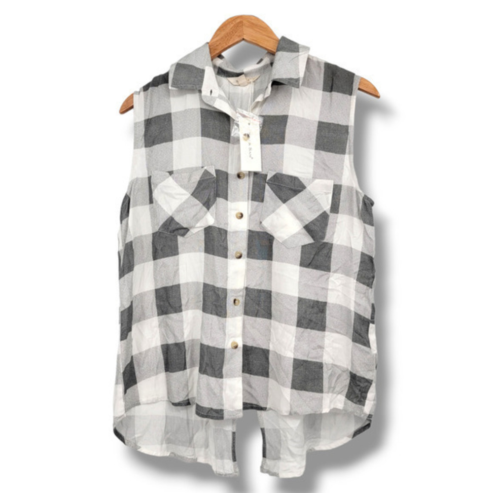 NEW Sim & Sam Women's Check Plaid‎ Button Down Tank Top Gray Size Medium